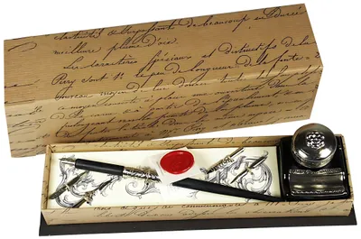 Produktbild von Rubinato Federhalter verziert Geschenkbox Tintenglas mit Ornament, 4 Federn