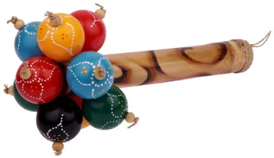 Produktbild von Rassel mit 10 bunten Kugeln, Griff aus Bambus, Rattan und Sisalschnur, ca. 25 cm