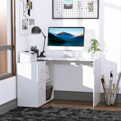 Immagine prodotto di Scrivania angolare - Scrivania per computer - Tavolo da scrivania - Scrivania modulare - Tavolo da pranzo - MDF bianco - 2 configurazioni