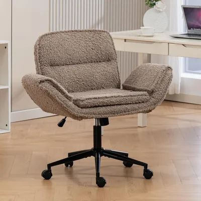 Produktbild von Criss-Cross-Stuhl Braun Teddy-Fleece Schreibtischstuhl mit Rollen Höhenverstellbar Ergonomischer Drehstuhl Klappbare Armlehnen Schneidersitz Homeoffice