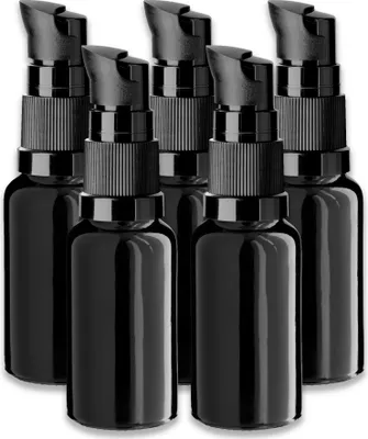 Produktbild von 5x Schwarze Glasflasche 20 ml mit schwarzer Pumpe Dispenserpumpe Set