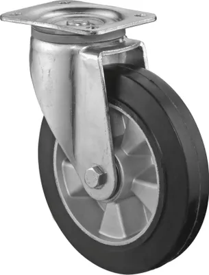 Productafbeelding van BS Rollen: Zwaar belastende zwenkwiel, diameter 200 mm, draagvermogen 450 kg, elastisch massief rubberen wiel, platte bevestigingsplaat 135x110 mm - L600.B80.200