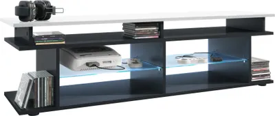Produktbild von Vladon TV Board Movie V3 Game On 138,5 x 39 x 37,5 cm inkl. LED-Beleuchtung Blau, Korpus in Schwarz matt, Game Aufsatz in Weiß Hochglanz