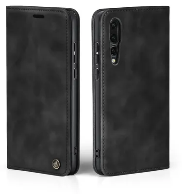 A black flip case for a Huawei P20 Pro phone is shown from two angles.