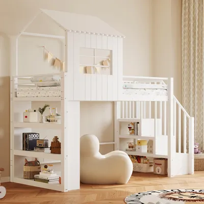 Image de Lit superposé 90 x 200 cm en métal, design maison, avec barrière de sécurité haute, escalier avec espace de rangement, étagères et beaucoup d'espace en dessous du lit, couleur blanche