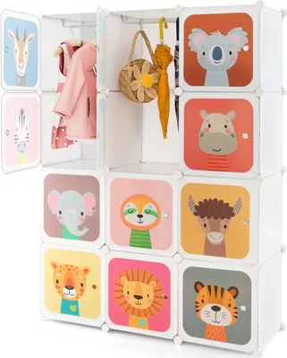 Produktbild von COSTWAY Tragbarer Kinderkleiderschrank, Babyschrank mit 12 Würfelfächern & 2 Hängestangen, niedliche Cartoon-Kommode, modularer DIY-Schrank Weiß