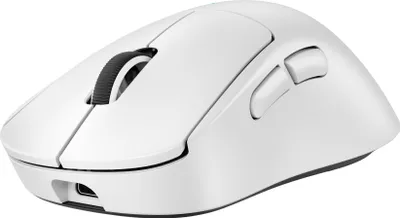 A white wireless gaming mouse is shown from a slightly elevated side angle against a white background.
