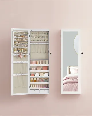 Produktbild von SONGMICS Schmuckschrank hängend, Wandspiegel, 6 LED-Glühbirnen, abschließbarer Spiegelschrank, Wandschrank, Wandmontage, an der Tür hängend, weiß mit Holzmaserung-beige CJJ093W01