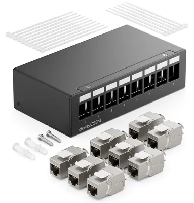 Produktbild von deleyCON 8 Port CAT7 Patchpanel Set 10 Gbit/s STP RJ45 - Schwarz