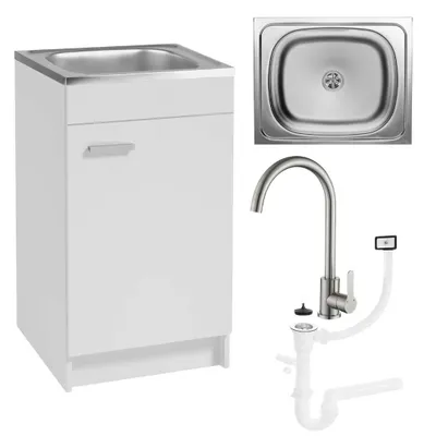 Zdjęcie produktu dla Szafka Kuchenna Biała + Zlewozmywak 50 x 40 + Bateria Chrom Wysoka + Syfon