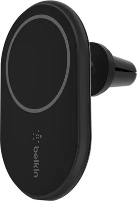 A black Belkin car mount with a charger.