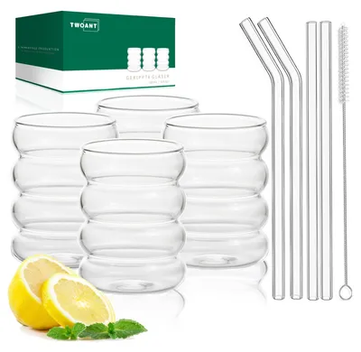 4er-Set Cocktailgläser 350 ml gerippt mit Glasstrohhalmen