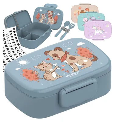 Produktbild von Brotdose Kinder mit Fächern, BPA frei, Lunchbox, Bento box, Brotbox, Brotdose Mädchen & Jungen, Snackbox mit Trennfächern, Vesperbox - Hund Katze blau