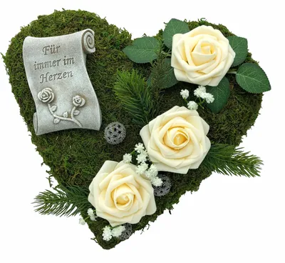 Produktbild von Grabgesteck Grabschmuck Moosherz Grabherz Trauerherz Gesteck - Für immer im Herzen- 30cm- creme Rosen