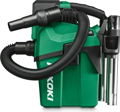 A green and black cordless wet and dry vacuum cleaner with accessories.