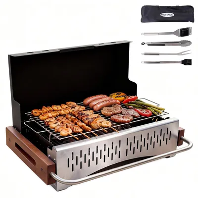 Image de Barbecue à charbon portable HOMAVO, barbecue de camping avec set d'ustensiles, surface de cuisson : 38,15 × 20,95 cm, pour le camping, les pique-niques et le jardin
