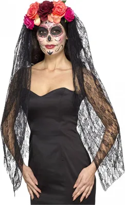Produktbild von Day of the dead Haarreif mit Schleier und Rosen für Halloween und Tag der Toten Parties