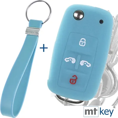 Produktbild von Auto Schlüssel Silikon Schutz Hülle + Schlüsselband Fluoreszierend Blau Kompatibel mit VW Multivan Sharan T5 T6 Caddy Seat Alhambra 4 Tasten Klappschlüssel