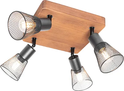 Produktbild von QAZQA - Industrie I Vintage I Industrie-Spot I Spotlight I Deckenspot I Deckenstrahler I Strahler I Lampe I Leuchte schwarz mit Holz 4-flammig Spotbalken-flammig - Kristina I Wohnzimmer I Schlafzimmer