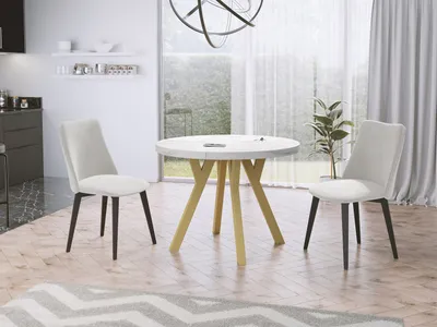 Produktbild von Designer Runder Ausziehbarer Esstisch in Weißer Marmoroptik - Loft-Stil, Industriell, Platzsparend - Goldene Beine - 100 bis 200 cm - für 6-8 Personen - Hergestellt in EU - Marmor Weiß