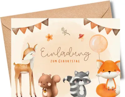 Produktbild von MeinBaby123® 10 Einladungskarten Kindergeburtstag inkl. Umschläge | Süße Tiere