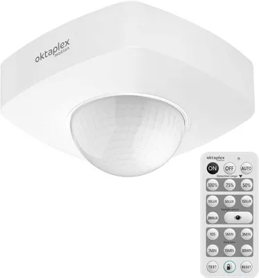 Zdjęcie produktu dla Czujnik ruchu zewnętrzny 360° z pilotem, podświetlana czujka podczerwieni, montaż sufitowy, IP65, biały, 230V