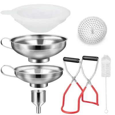 Immagine prodotto di Set di imbuti in acciaio inossidabile, 7 pezzi, con tappi per conserve, pinza e filtro - 3 dimensioni. Imbuti da cucina per marmellate, conserve, olio, spezie