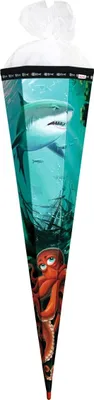 Produktbild von ROTH Schultüte groß Hai mit Krake 85 cm Spezialborte eckig Rot(h)-Spitze Tüllverschluss Zuckertüte Schulanfang