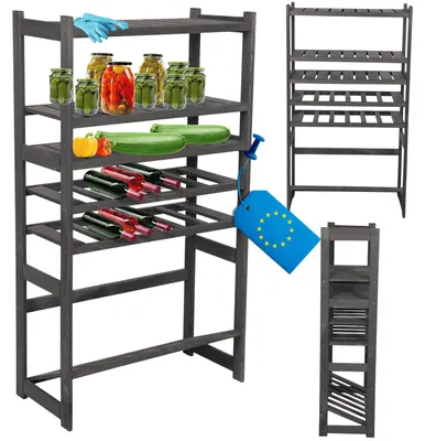 Produktbild von MODO24 Kombiregal Holz, 3 Fachböden, 2 Flaschenablagen, 1 Kistenboden, Vorratsregal, Standregal, Keller, Massivholz Kiefer, 124,2x70x33 cm, Grau, LSR