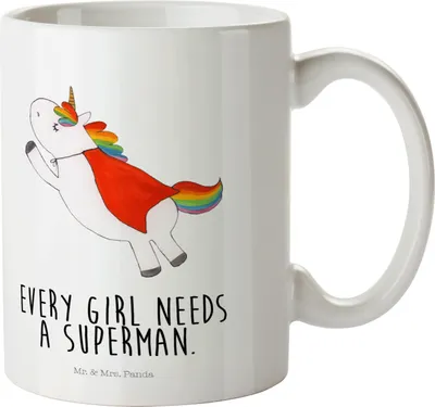 Produktbild von Mr. & Mrs. Panda Mehrwegbecher Einhorn Super - Weiß - Geschenk, Superheld, Held, Freundin, Einhörner, Pott, Kindertasse, Trinklernbecher, Unicorn, Plastikbecher