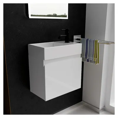 Produktbild von Alpenberger Gäste WC Waschbecken mit Unterschrank 45 cm Breit | Waschtisch Set Klein | Aufsatzwaschbecken Waschtischunterschrank Hängend | Möbel Bademöbel-Set | Waschbeckenunterschrank Weiß