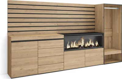 A modern sideboard with an integrated electric fireplace and an open wardrobe section.