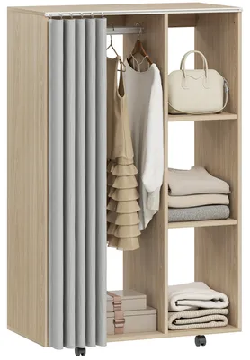 Produktbild von Tragbarer Kleiderschrank auf 4 Rollen, Kleiderstange & Fachböden, platzsparende Aufbewahrung für Schlafzimmer & Flur, 80x40x128 cm, Naturholz