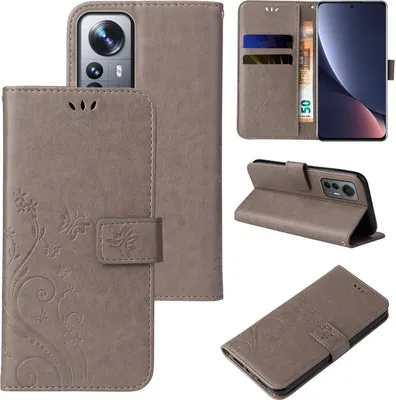 Produktbild von Handyhülle für Xiaomi 12 Pro Floral Blumen Schmetterling Flip Cover Hülle Case Klapphülle Handytasche Farbe: Grau
