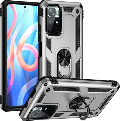 Image de Étui pour Xiaomi Redmi Note 11 étui de protection militaire double couche avec support d'anneau et support Argent