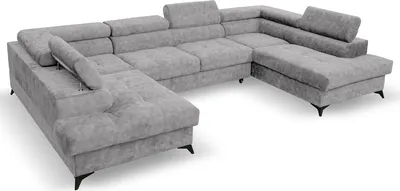 A large, U-shaped sectional sofa in a light gray fabric, shown from a slightly elevated side angle against a white background.