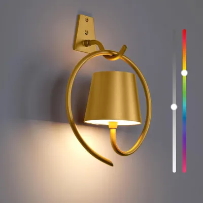 Image de Applique murale RGB avec batterie, sans branchement électrique, lampe LED, éclairage extérieur, appliques murales sans fil en or.