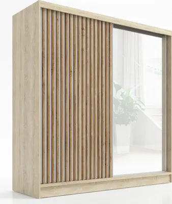Produktbild von Schwebetürenschrank, 2-türig Schrank mit Spiegel und 3D-Lamellen Premum LINA 200 cm (Sonoma)