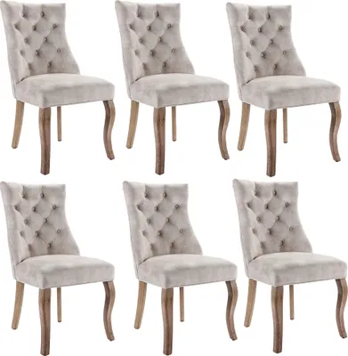Produktbild von Esszimmerstuhl (6 Set) 4-Fußstuhl Wohnzimmerstühle Schlafzimmerstuhl Hohe Rückenlehne mit Knopfsteppung Gestell aus Massivholz Hellbeige Samt