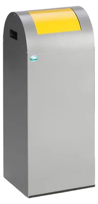 Produktbild von Selbstlöschender Wertstoffsammler rund mit Einwurfklappe | 60 Liter, HxBxT 80x32x32cm | Verzinkter Stahl | Silber-Gelb