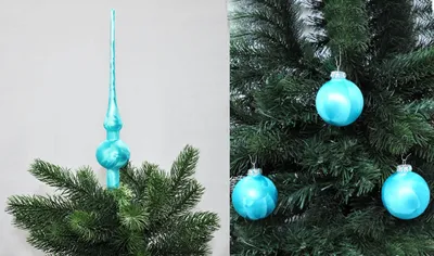 Produktbild von Thüringer Glas Eislack Christbaumspitze + 12x Christbaumkugeln 6cm Spitze Kugel Türkis Eislack