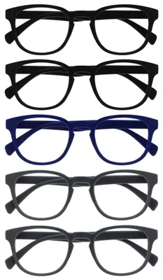 Produktbild von OPULIZE Pop Lesebrille 5er Pack Keck Rund Matt Rahmen Federscharniere Kratzfest Schwarz Blau Grau Herren Damen RRRRR2-11377 +2.50