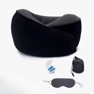 Immagine prodotto di Omgoods - Cuscino da viaggio ergonomico in memory foam, con mascherina per gli occhi e tappi per le orecchie