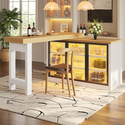 Produktbild von MODFU Multifunktionaler Kücheninsel mit LED-Schrank,Esstisch mit drehbarer Tischplatte,Bartisch Küchentisch,Stauraumschrank mit Glastüren,Weiß