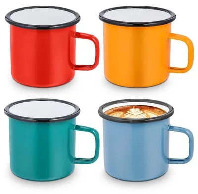Emaille Becher 4er Set 350 ml mit Henkel, bunt