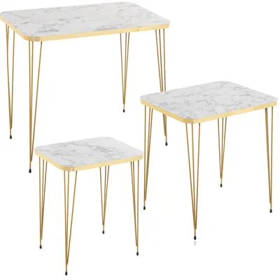 3er-Set Beistelltische, Holz/Metall, Gold/Weiß, Marmoreffekt