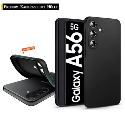 A black phone case is shown next to a phone, with text overlays highlighting features.