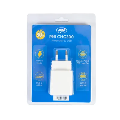 Produktbild von PNI CHG300 Netzteil mit USB C Port, QC3.0, PD3.0, PPS und USB-A Port, 30W