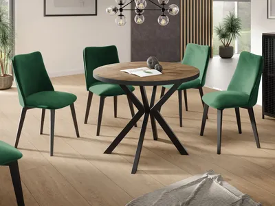 Produktbild von Runder Ausziehbar Tisch für das Esszimmer - Tischrand Schwarzes Nachbildung - 100 oder 120 cm - Ausziehbarer Tisch mit Pulverbeschichteten Schwarzen Metallbeinen - 120 cm - Lefkas Eiche