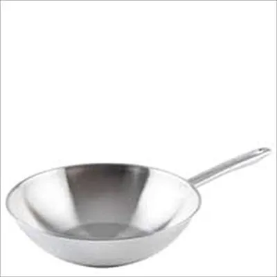 A stainless steel wok or frying pan is shown against a white background.